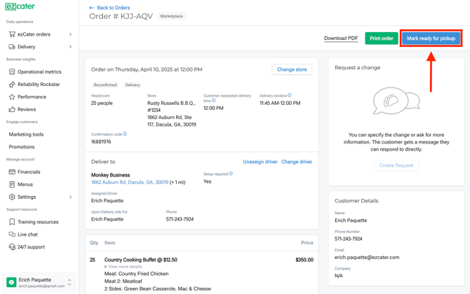 Food Ready for ezD Order Details